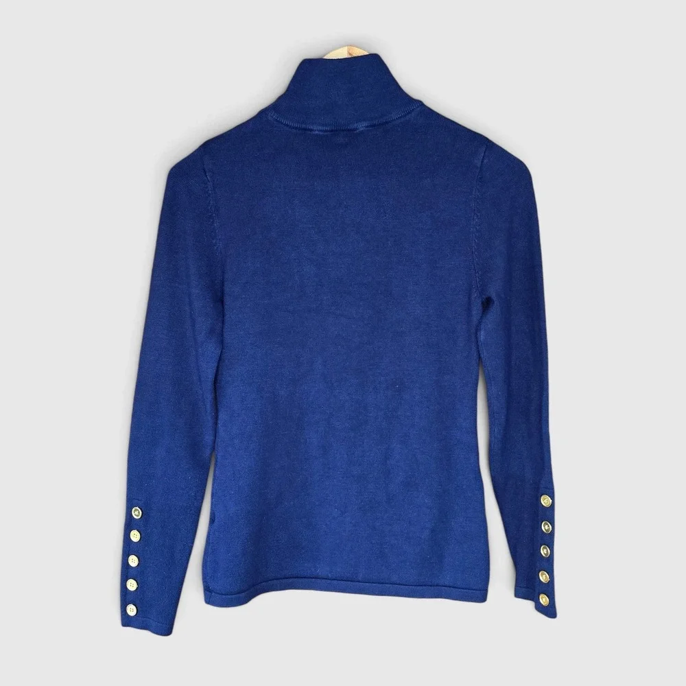 Cielo Navy Blue Turtleneck Sweater Gold Button Detail Soft Knit Womens S Preppy
